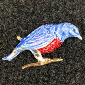 Vintage Rafaelian Signed Blue And Red Bird On Branch Brooch